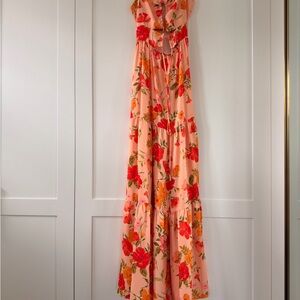 RESA Peach Maxi Dress with Red & Green Floral Print